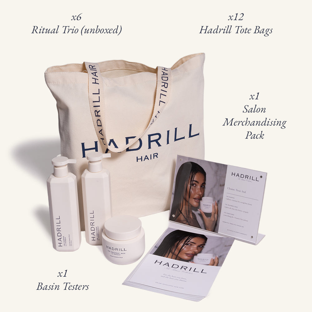 Hadrill Retail Ready Opening Parcel: labelled 6 Ritual Trio unboxed sets, 12 Hadrill tote bags, 1 salon merchandising pack and 1 basin tester set