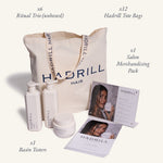 Hadrill Retail Ready Opening Parcel: labelled 6 Ritual Trio unboxed sets, 12 Hadrill tote bags, 1 salon merchandising pack and 1 basin tester set