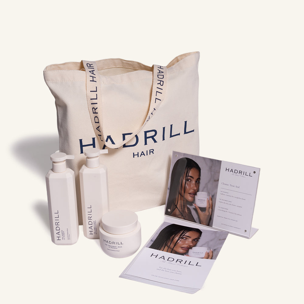 Hadrill Retail Ready Opening Parcel with unboxed shampoo, conditioner, treatment mask, branded tote bag and salon merchandising materials