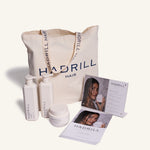 Hadrill Retail Ready Opening Parcel with unboxed shampoo, conditioner, treatment mask, branded tote bag and salon merchandising materials